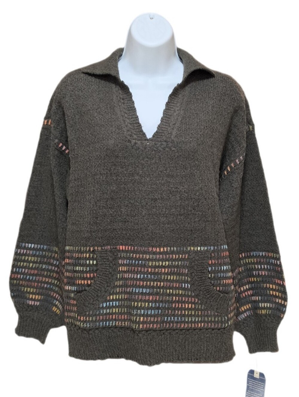 Democracy Collared V-Neck Green Space Dye Polo Pullover Knit Sweater Pocket S